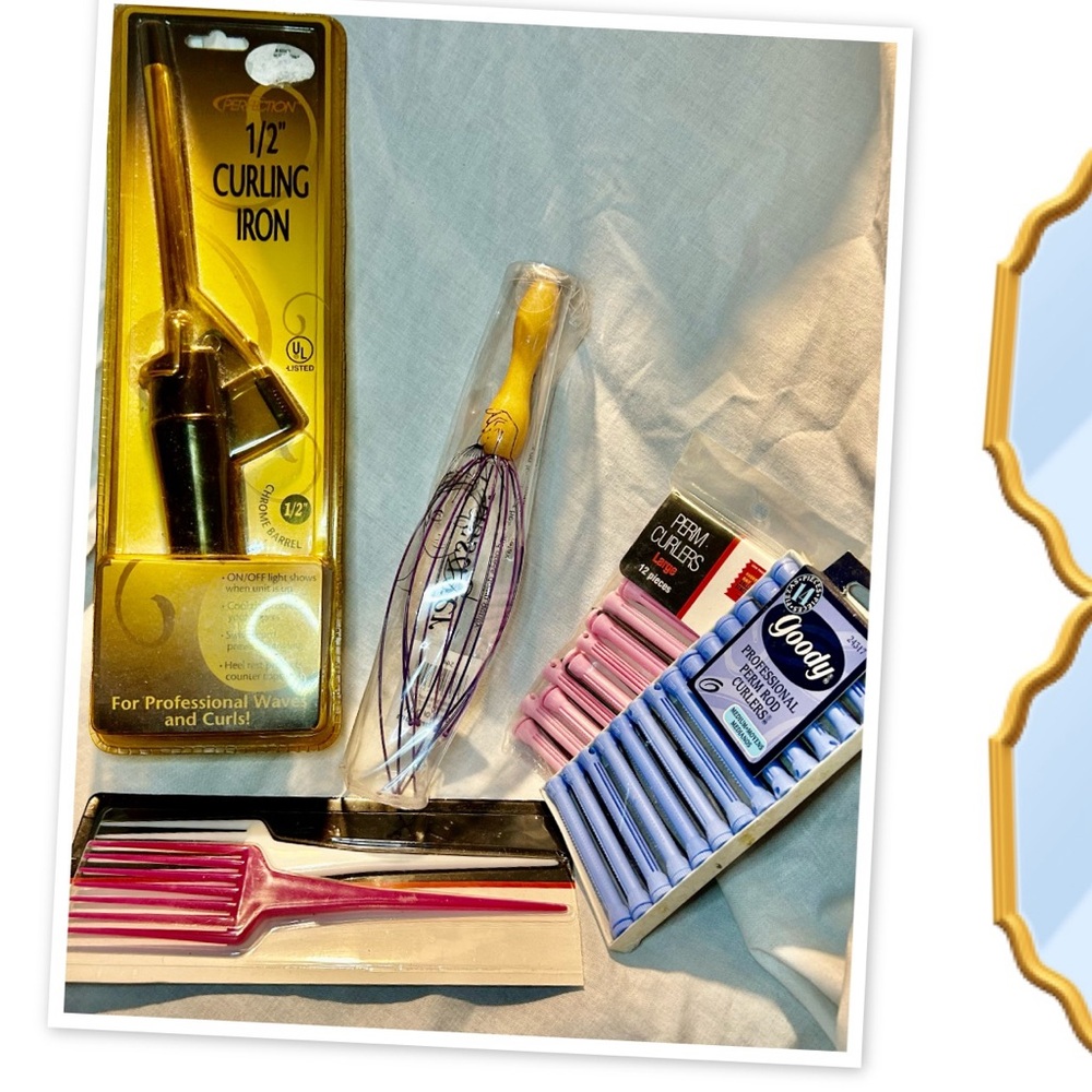 Vintage! Gold Curling Iron and Hair Accessories Set